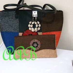 Hand made Tote bag with matching clutch and Cowrie shell hoops